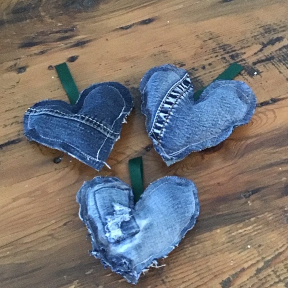 Trio of Hand Crafted Denim Heart Accents with Green Ribbon